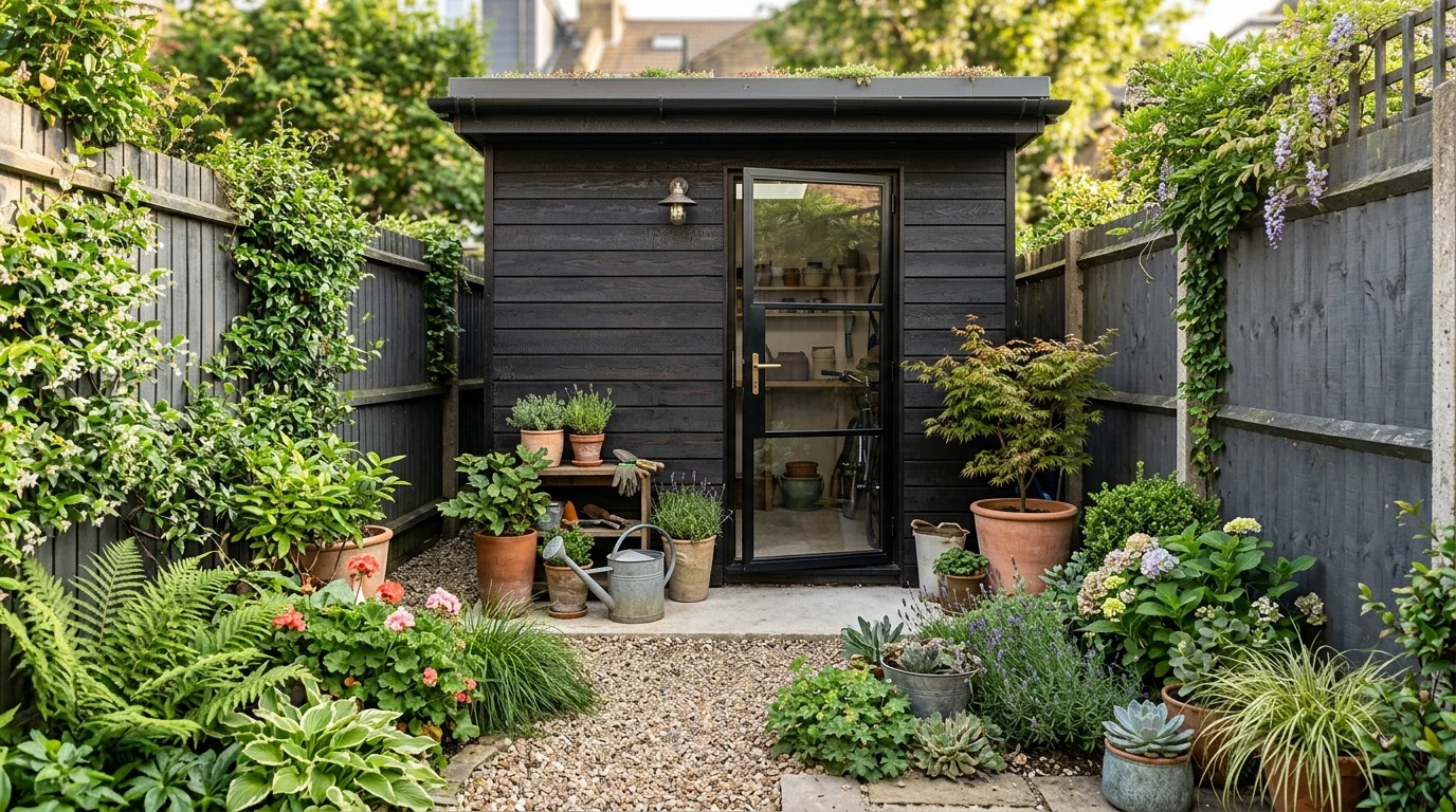 A compact modern shed designed to fit neatly into a small garden.